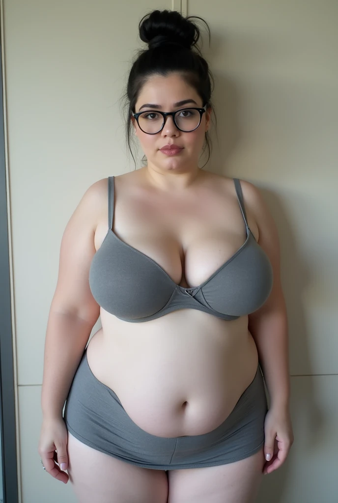 Pageboy Velma Dinkley glasses red blushing face moist oily skin fat cheeks standing up full body extremely obese body and belly large navel hands behind her back