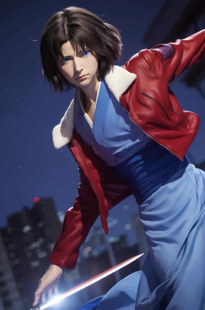 best quality, masterpiece, highres, solo, (dynamic angle), (cool), (hmshiki), Ryougi Shiki, (short hair, ahoge, red jacket, blue eyes, blue kimono, open clothes, fur trim), wield a knife at viewer, red moon, rain_blood rain, portrait, perfect anatomy, perfect proportion, noise removal