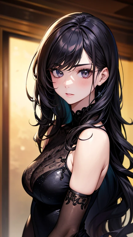 high resolution, Masterpiece, Anatomically correct, precise, qualityที่ดีที่สุด, quality, 1 woman, Age 25 years,Medium length hair, light brown hair, Uneven hairstyles, big breasts, earring, Dark makeup, A thin smile., simple background, Close-up photography, decorations, Anime style, Wearing a black dress,luxurious,Wealth,millionaire,The body looks mature,เครื่องแต่งกายluxurious