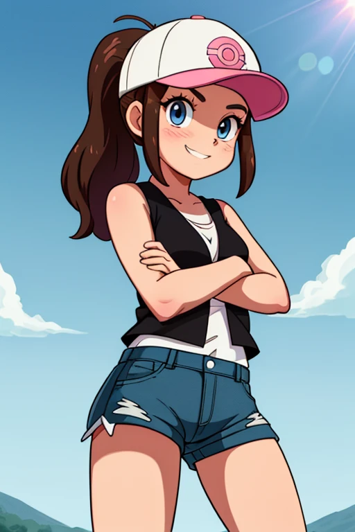 [Hilda], [Pokemon], ((masterpiece)), ((HD)), ((high res)), ((solo portrait)), ((waist-up)), ((front view)), ((detailed shading)), ((soft textures)), ((intricate details)), ((anime girl)), ((cinematic)), {attractive; (brown hair), (long ponytail), (cute blue eyes), (curvy hips), (beautiful legs), (cute grin)}, {(white tank top), (black sleeveless vest), (short denim shorts), (exposed pockets), (white baseball cap with pink brim), (pink satchel)}, {(standing), (crossed arms), (looking at viewer)}, [background; (grass plains), (sun rays), (blue sky), (clouds in sky), (ambient lighting)]