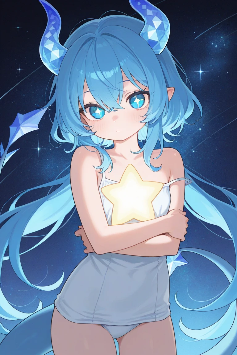 Light skin, blue eyes, pupils with stars instead of round, hair blue and long, tiny dragon horns and tail, stars in the background