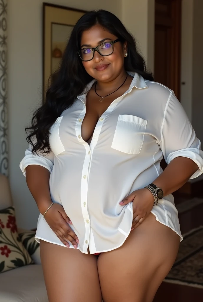 Mixed black ethnicity, curvy girl , ,long wet hair , wearing long white mens shirt and lingerie,nice teeth