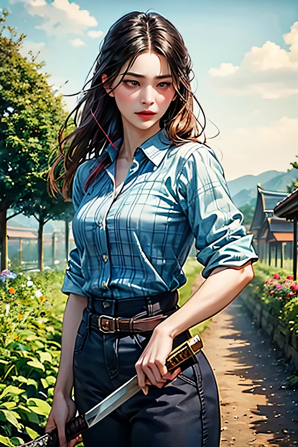 The background is a vegetable garden, fruit garden, modern era. The character is a beautiful woman with long dark black hair, wearing a colorful farmer's outfit, Wear pants with a plaid shirt, katana crossed, look at the viewer, she's a killer, sword, katana, ภาพระยะไกล , หันหน้าตรง, แอบถือดาบยาว, from faraway,