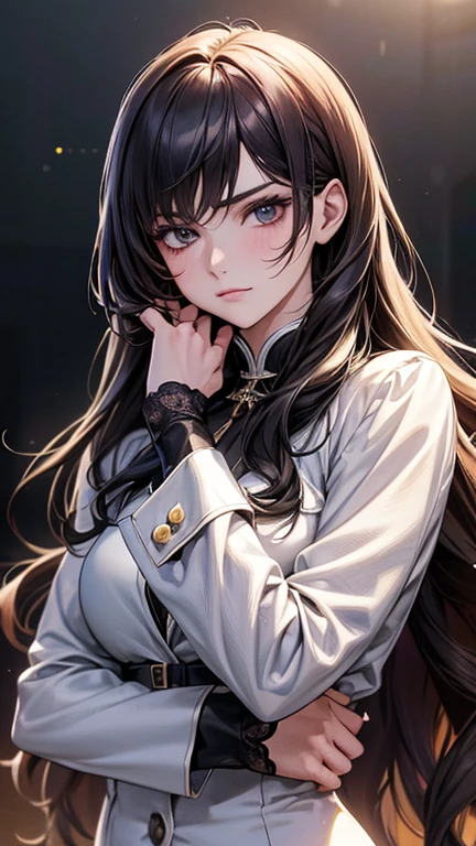 masterpiece, High resolution, screenshot, best quality, 1 girl, (Scar on left eye), white cropped jacket, Very detailed, Rule of Thirds, jewelry, long hair, Bangs, Hair between the eyes