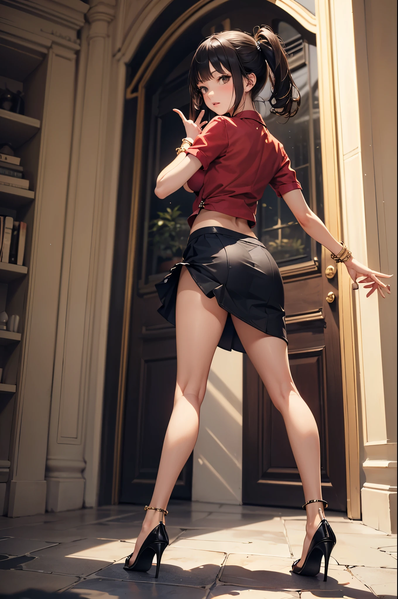NSFW,(Natural finger shape:1.5),((Full Body Shot,Including face)),Standing position,4K,masterpiece,((Focus on the face)),((Symmetrical facial features)),Eye for detailed depiction,Beautiful woman,Excellent style,Beautiful feet,(Small Ass,Thin thighs),(Black Stockings:2,High heels),Detailed depiction of the face,Small earrings,necklace,Low angle photo,((Knitted sleeveless top,Red long skirt)),Lying on the tiles,blue blonde,(Panty shot:1.5),Arms under the chest,