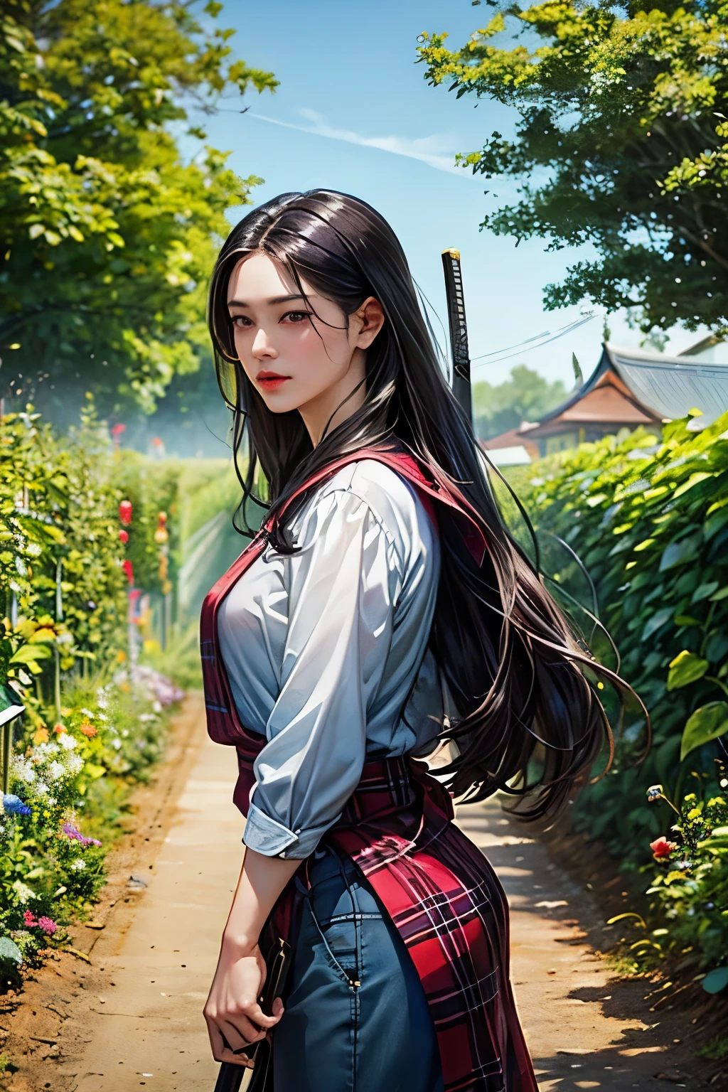 The background is a vegetable garden, fruit garden, modern era. The character is a beautiful woman with very long dark black hair, very long hair, wearing a colorful farmer's outfit, Wear pants with a plaid shirt, katana crossed, look at the viewer, she's a killer, sword, katana, ภาพระยะไกล , หันหน้าตรง, แอบถือดาบยาว, from faraway,