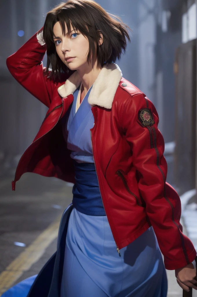 best quality, masterpiece, highres, solo, (dynamic angle), (cool), (hmshiki), Ryougi Shiki, (short hair, ahoge, red jacket, blue eyes, blue kimono, open clothes, fur trim), wield a knife at viewer, red moon, rain_blood rain, portrait, perfect anatomy, perfect proportion, noise removal