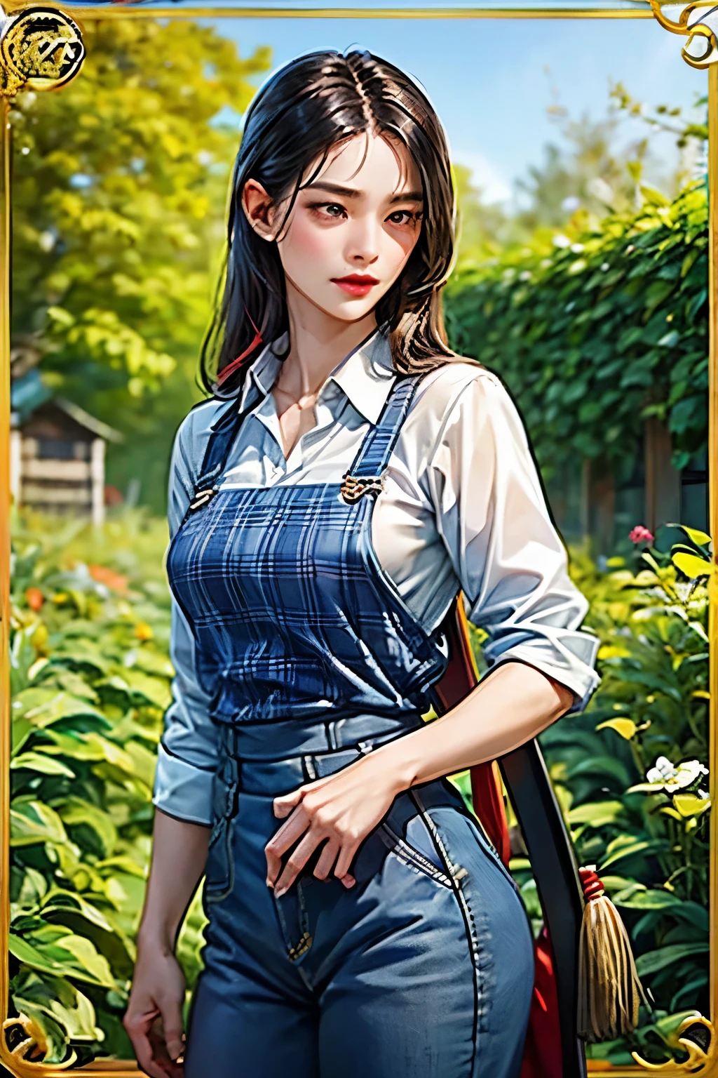 The background is a vegetable garden, fruit garden, modern era. The character is a beautiful woman with very long dark black hair, wearing a colorful farmer's outfit, Wear pants with a plaid shirt, katana crossed, look at the viewer, she's a killer, sword, katana, ภาพระยะไกล , หันหน้าตรง, แอบถือดาบยาว, from faraway,