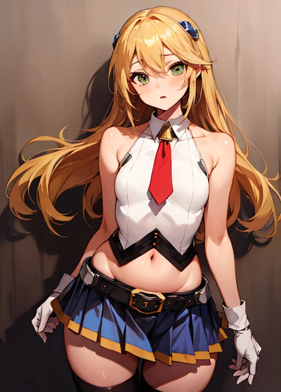 (masterpiece, best quality, high resolution),cowboy shot, 1girl, noelms, long hair, thighhighs, skirt, navel, gloves, hair ornament, belt, necktie, black thighhighs, white gloves, midriff, bare shoulders, miniskirt, pleated skirt, zettai ryouiki, shirt, sleeveless, back view, tiny ass