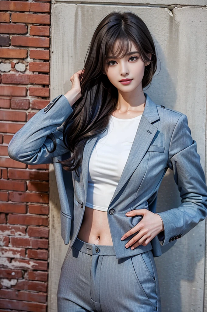 ( 1 girl), ( slender body ,  thin waist), (( big hips)), ( Big Breasts), ( top quality , masterpiece,  Photorealistic,  ULTRA DETAIL,   super high res , born), , England supermodel, smile, bangs , ( suit jacket, Skinny suit pants:1.3), (huge breasts,  clevis on a stone), Showing your belly button, naked, ( long hair|  medium hair|  short hair), alley, Half Body Shot, (( is standing)), (( Leaning against a brick wall )), (  tilt your hands behind your head), ( open your legs wide )