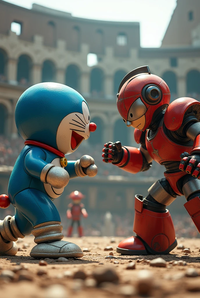 Two robots are fighting as gladiators. Doraemon and Astro Boy, the Colosseum venue, the tense atmosphere, Dark Souls-like depictions,