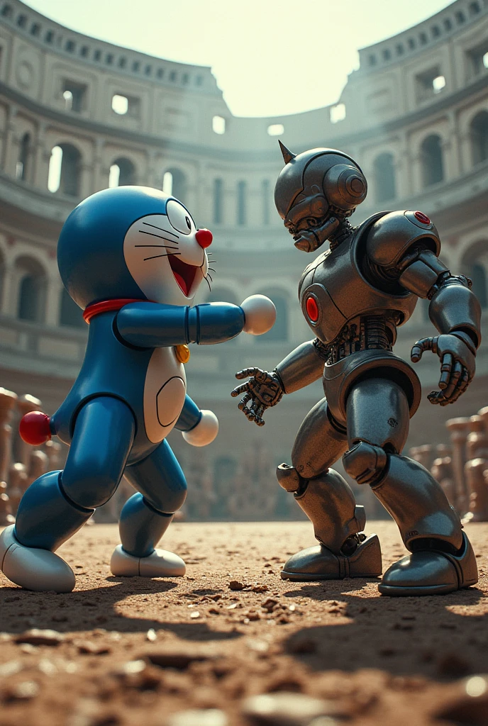 Two robots are fighting as gladiators. Doraemon and Astro Boy, the Colosseum venue, the tense atmosphere, Dark Souls-like depictions,