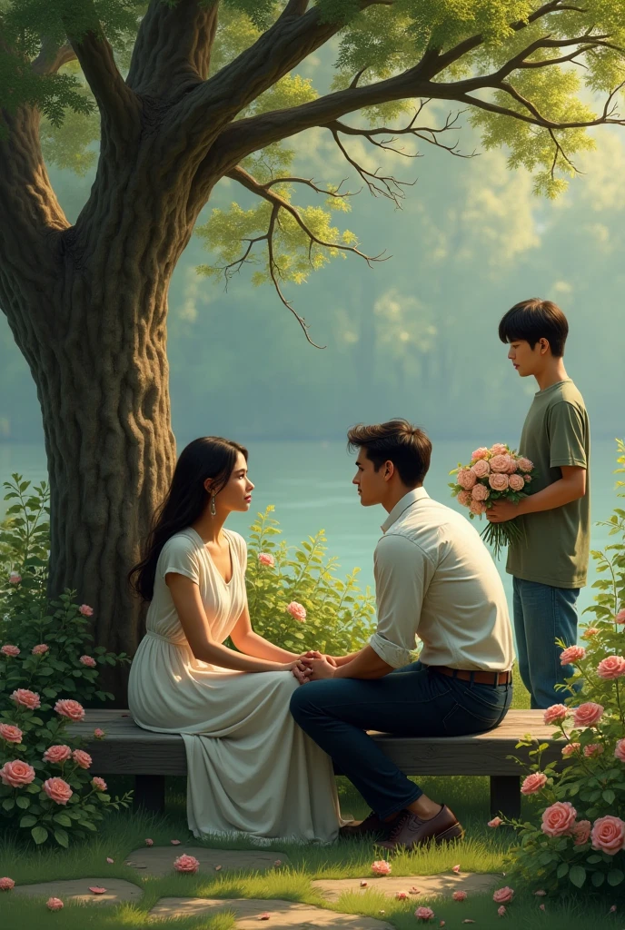 "A photorealistic scene set during the day in a peaceful park. A young woman is sitting on a wooden bench, smiling softly as she looks towards a young man walking toward her. The man is holding a small bouquet of flowers, with a loving and excited expression on his face as he approaches her. The park is lush with greenery, with sunlight filtering through the trees, casting soft, natural light over the scene. The mood is warm and romantic, with a gentle breeze rustling the leaves in the background."