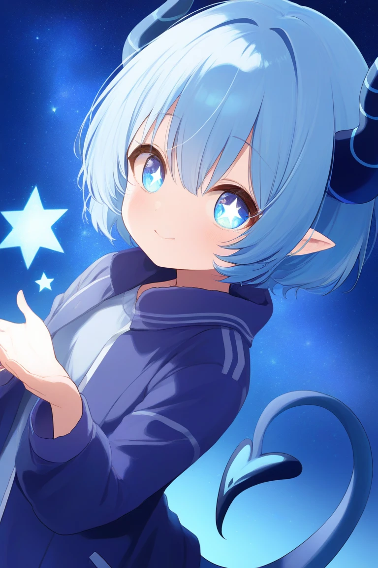 Light skin, blue eyes, pupils with stars instead of round, hair blue and long, tiny dragon horns and tail, stars in the background