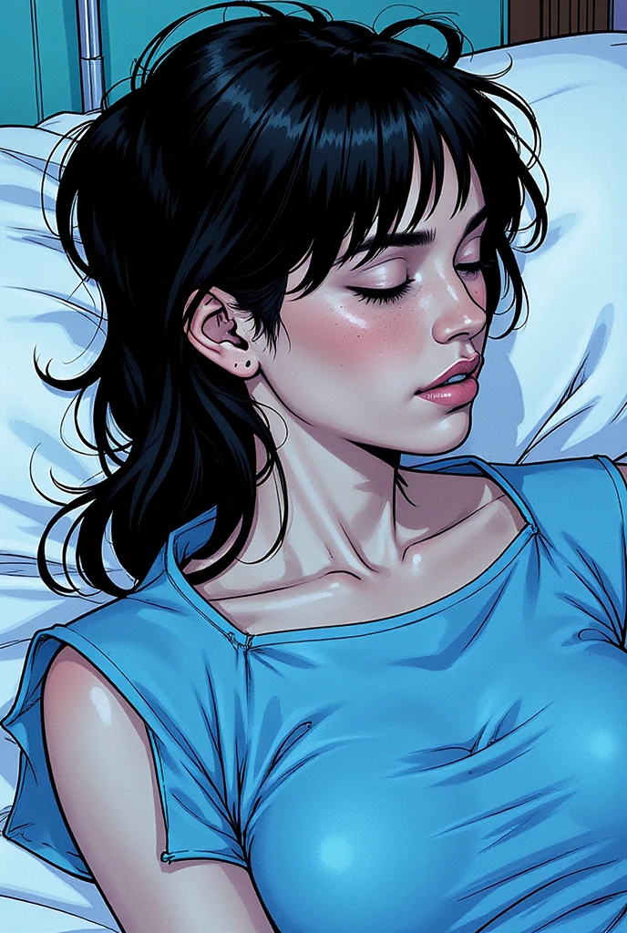 Illustration, masterpiece, close-up portrait of Jenna Ortega, thin and athletic, small breasts, wearing a blue hospital dress, sleeping in an hanted hospital during night, lying on back, hospital bed, hospital room, very dark, horrific, long black hair, closed eyes, sleepy, sweaty, high resolution, high definition, comics drawing with ink and watercolor, on white paper, white background, American comics, many details, black and white, neon, dark shadows, tacking IV drip 