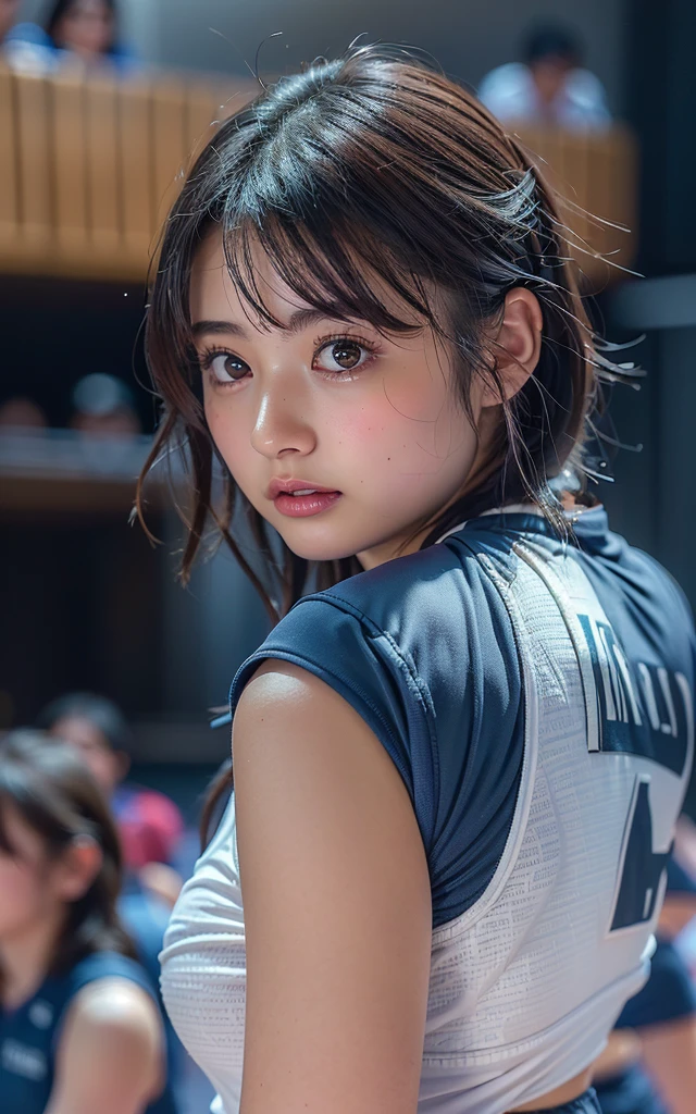 Solo shot of Morning Musume Eri Kamei dressed as a basketball player, Cute, Realistic realism, Ulutra HD, crisp detail, Vivid colors, Dynamic Range, Soft bokeh in the background that emphasizes her presence on the court, Fine texture of basketball and her costume, Pin-sharp focus on her face and balls, photography hyperrealism, Highly detailed, high-definition16k, Canon EOS 5D Mark IV DSLR Camera, EF 85mm f/1.8 STM lens, Resolution 30.4 megapixels, ISO sensit: 100, Shutter Speed 1/125 sec, Dynamic front light that captures her essence, Vibrant colors, Facing Camera, High Sharpness, depth of fields, ultra-detailed photography --ar 16:9 - V5.1 --Style raw --Q 2 --S 750.
