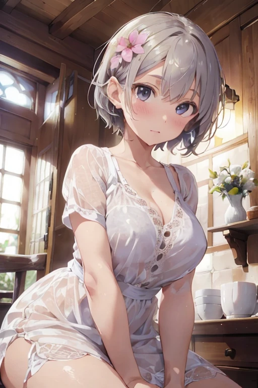   girl in the castle, baby face,  crouching , ( pee,  peeing, peeing in cup,cup),  Big Breasts, white dress, Impossible clothes, Gray Hair,  short hair, A flower of hair ,  embarrassing,  Nose Blush, masterpiece,  High Quality , 最 High Quality ,  beautiful,  high res,  perfect lighting,  detailed face ,  detailed body , masterpiece, 最 High Quality ,  detailed information, 8k u high res, perfect face,  perfect eyes