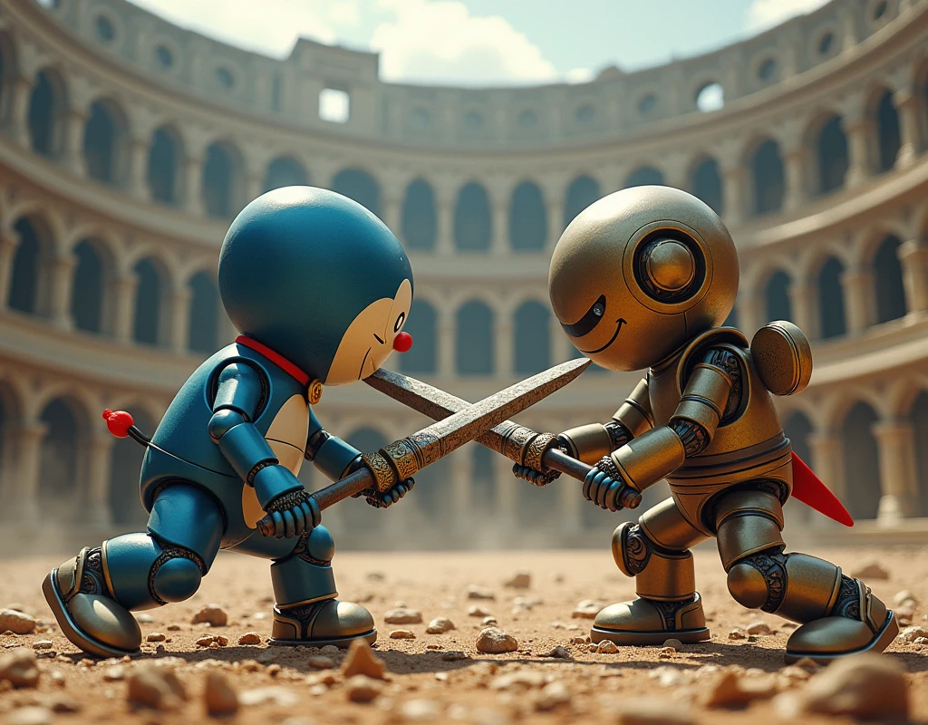 ２ human robots are fighting as gladiators。 Doraemon and Astro Boy 、Colosseum venue 、Tense atmosphere、 holds medieval decorated swords 。 Dark Soul-like depiction 。