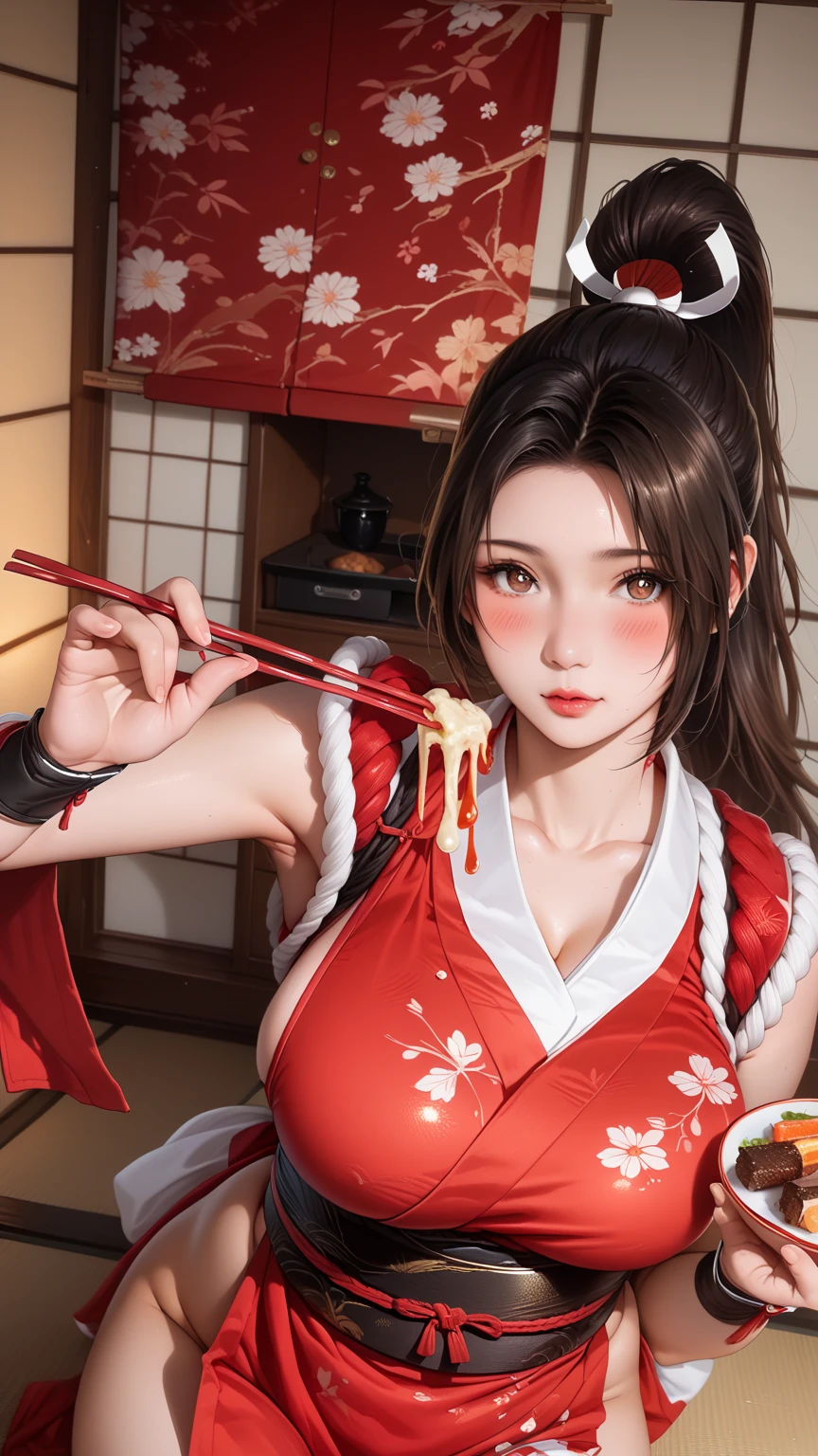 score_9,score_8_up,score_7_up,high res image,masterpiece,best quality,realistic,Mai Shiranui,(plump:1.7),(black pupil:1.2),(brown black hair:1.3),(High ponytail:1.3),(blush:1.3),(revealing japanese clothes, pelvic curtain:1.5),(holding food with chopsticks:1.3),(show food:1.6),