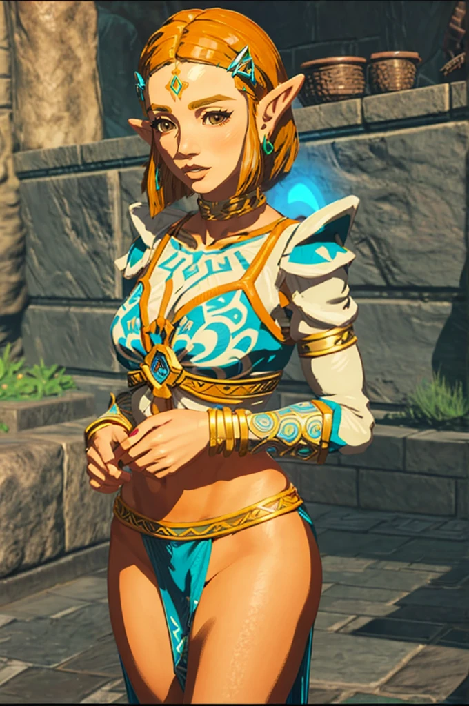 (Princess Zelda), Tears of the Kingdom, , slim, athletic, she is wearing a regal teal colored mini tunic, she is holding the Master Sword aloft, raising her sword in the air, long eyelashes, smoky black eyeshadow, black eyeliner, hot pink lipstick, human ears, platinum blonde hair, long hair, ((viking style braids)), lovely braided hair, large breasts, (((shiny sheer transparent brown pantyhose))), metallic high heels, battle ready, battle pose, small hips, slender