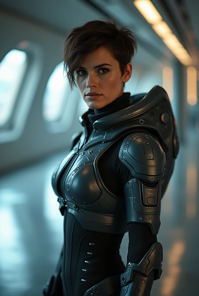 Masterpiece, a beautiful Swedish woman, ((Marilyn Monroe:Ingrid Bergman:0.5)), (scifi bounty hunter), (high cut plunging revealing scifi suit), (medium breasts), (perfect body), (short brown hair), scifi spaceship cockpit background, (skin texture:1.1), best quality, ultra high res, Raw photo, Nikon D850, backlight, rimlight, bright sunlight, film grain:1.2, (warm hue, warm tone:1.2), (color photo), scifi effects, in the style of Boris Vallejo
