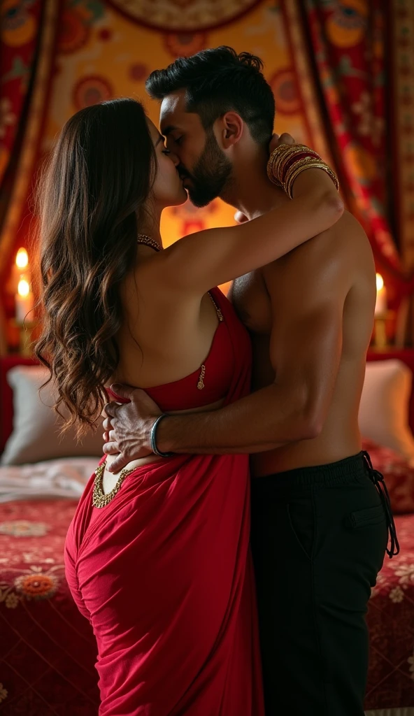 Young sexy girl, curvy hourglass body, wearing black saree, muscular Hindu pandit, kissing on the bed, with roses