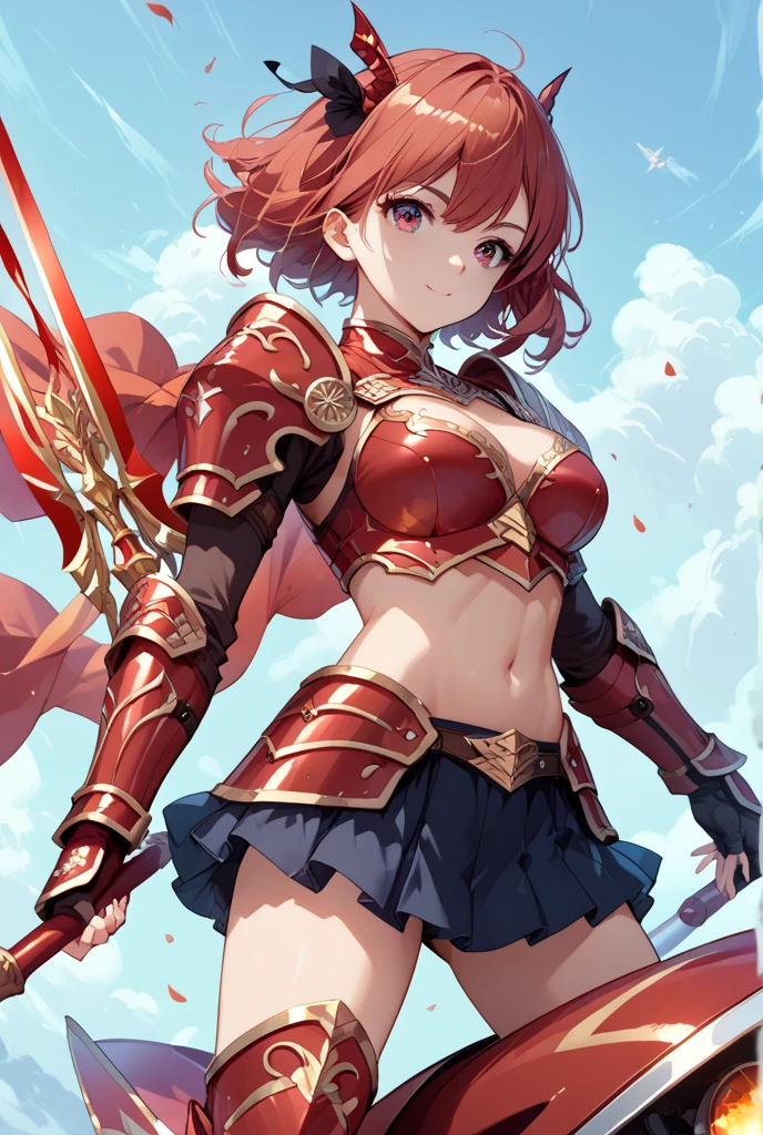 score_9,score_8_up,score_7_up,rating_safe,full_body,1girl,breasts,source_anime,large_red_lance,dark_red_armor,mini_skirt,flying,ride_on_the_dragon,red_medium_hair,low_angle,