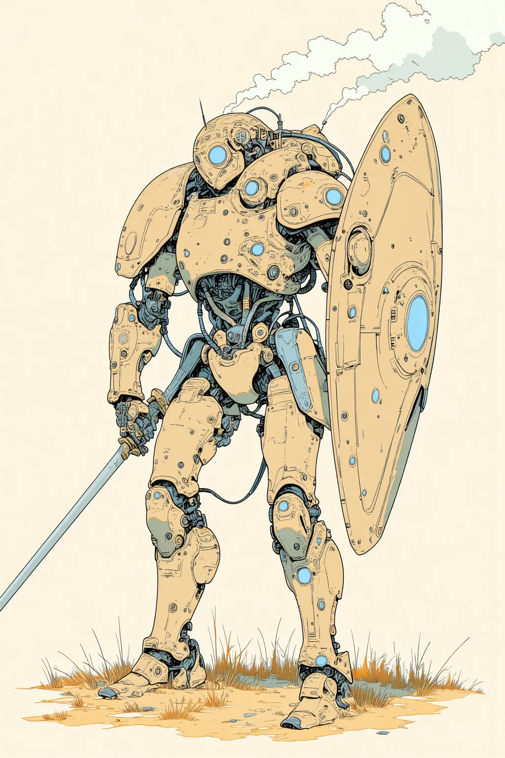  Picture of a mechanical soldier holding a shield and dragging a long sword,Steam from the joints , detailed mechanical ,Jean Giraud Mevius in a very thin inkline   ,  about the , Drawn with a single line,   ink outline  ,   ultra fine detail  , hand drawn, Jean Giraud Mevius in a very thin inkline   ,   painting is a picture of a mechanical soldier holding a shield and swinging down his sword  , Line drawing,   illustration black outline  , fine inking lines, is anatomically correct,  Pastel Color Illustration 