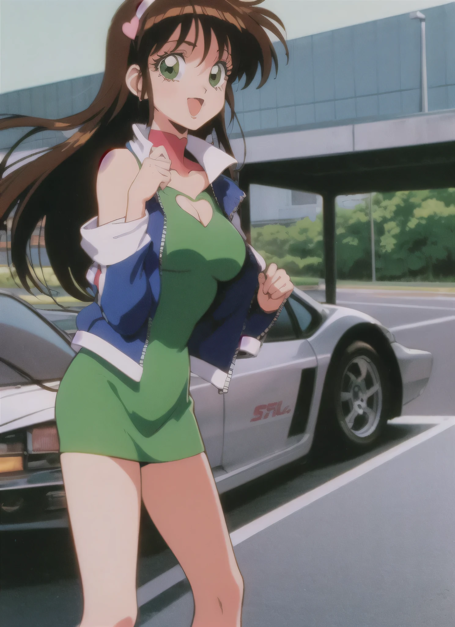 Anime girl in green dress standing in front of a car - SeaArt AI