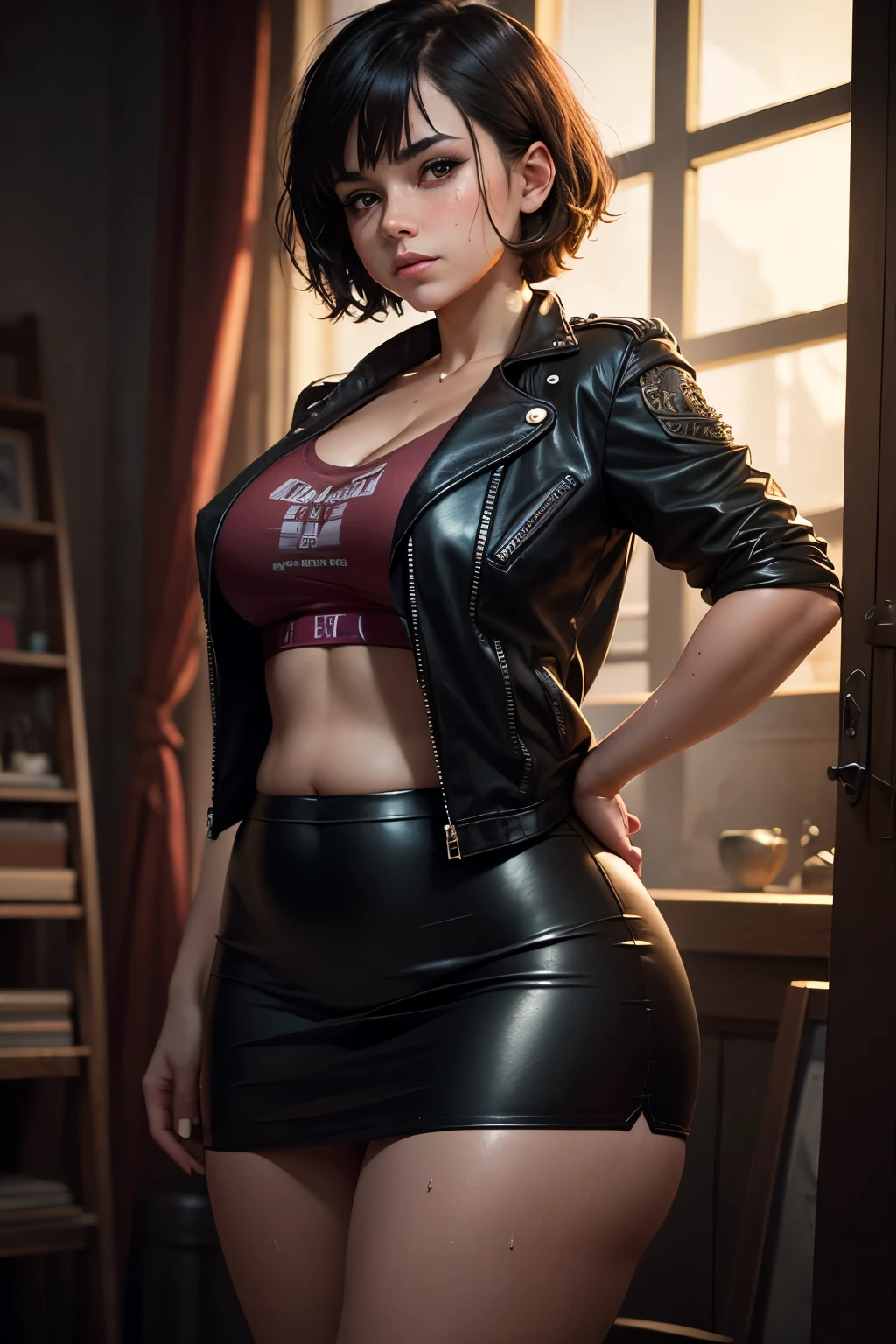 gorgeous butch woman, vintage pin up, leather jacket, blue-black hair, denim skirt, short skirt, cleavage