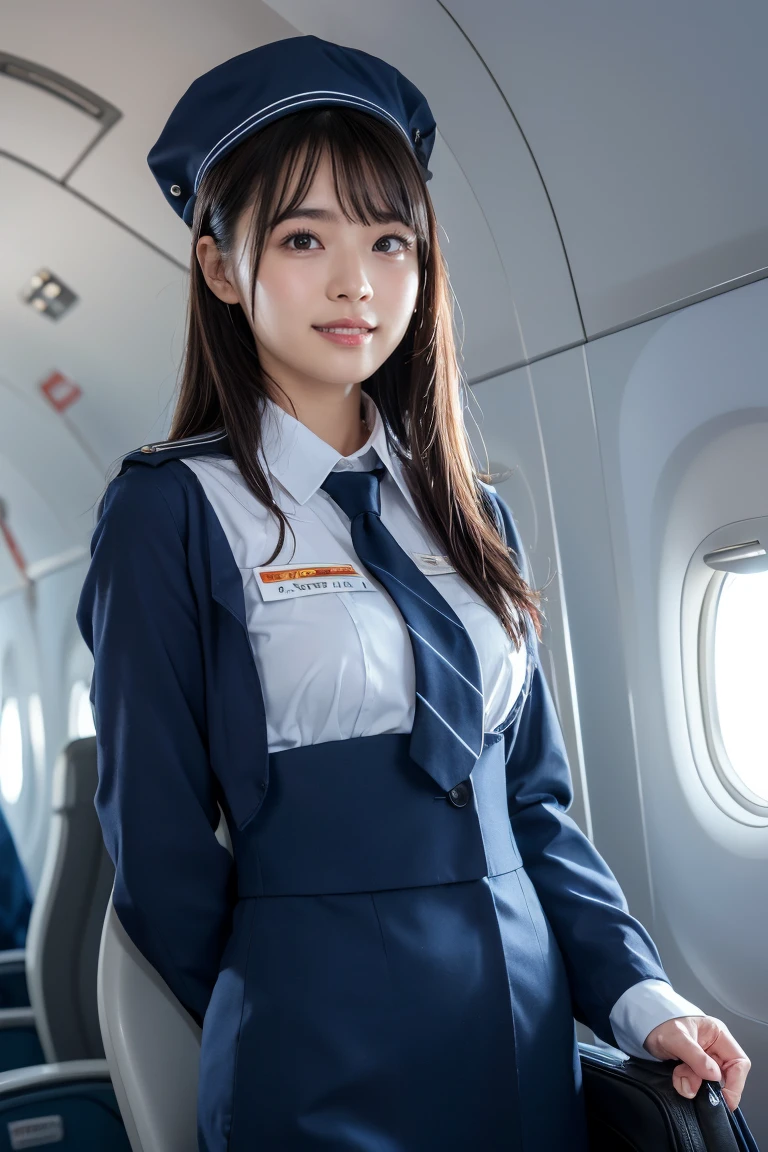 Highest quality, masterpiece, 8K, Ultra-high resolution, (Realistic: 1.4), 1 Girl, Beautiful Face, Symmetrical eyes, big, Perfect Body Proportions, Stewardess Uniform, Viewer Perspective, (On the plane: 1.2), Front view, Shoulder jumps, Absolute area (1.3),