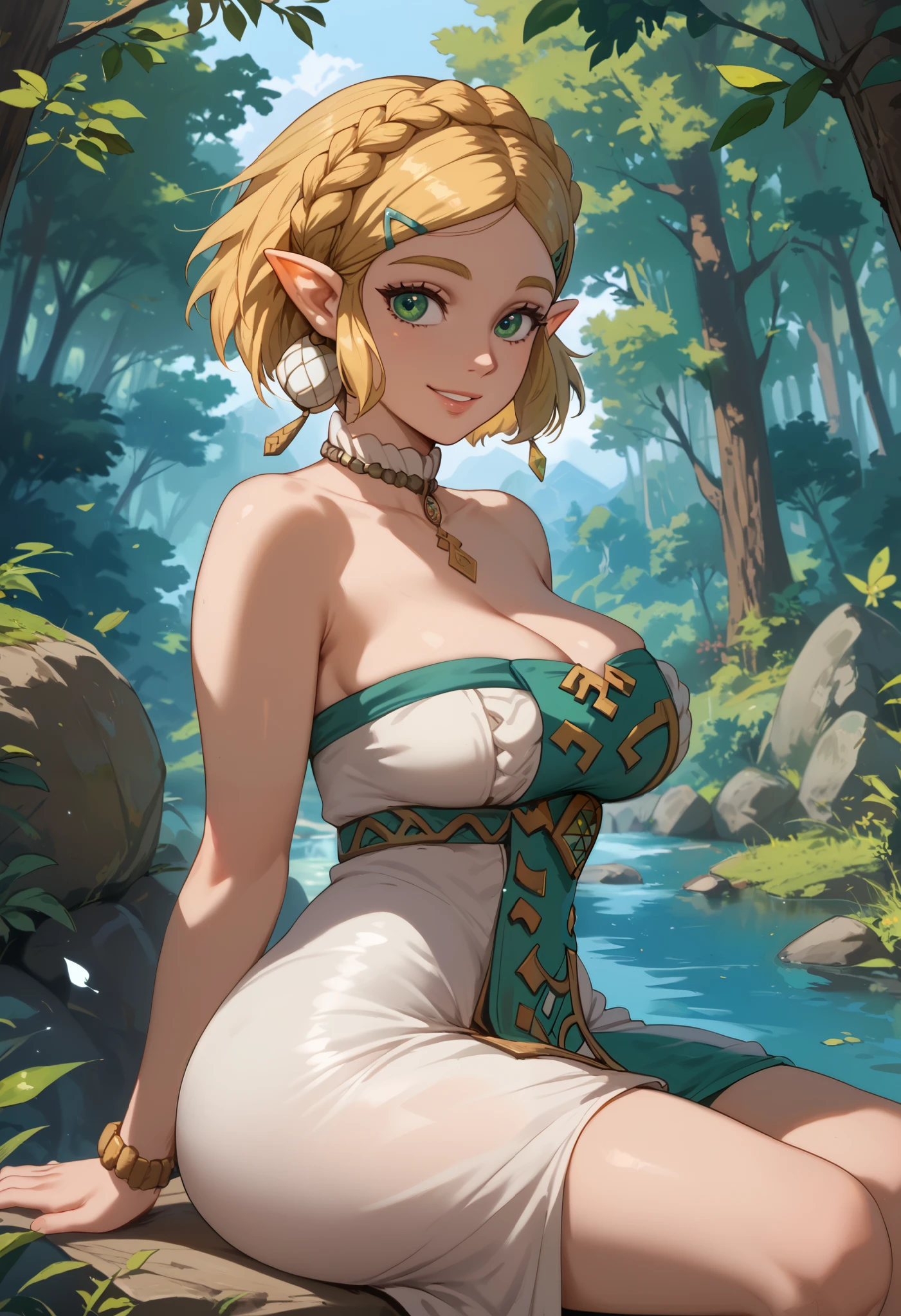 1 girl, solo, zeldadress, white dress, pointy ears, braid, hair ornament, hairclip, crown braid, bangs, green eyes, parted bangs, blonde hair, short hair, jewelry, large breasts, cleavage outdoors, forest, sitting, on boulder, upper body, from the side, hands on hip, huge ass, smile