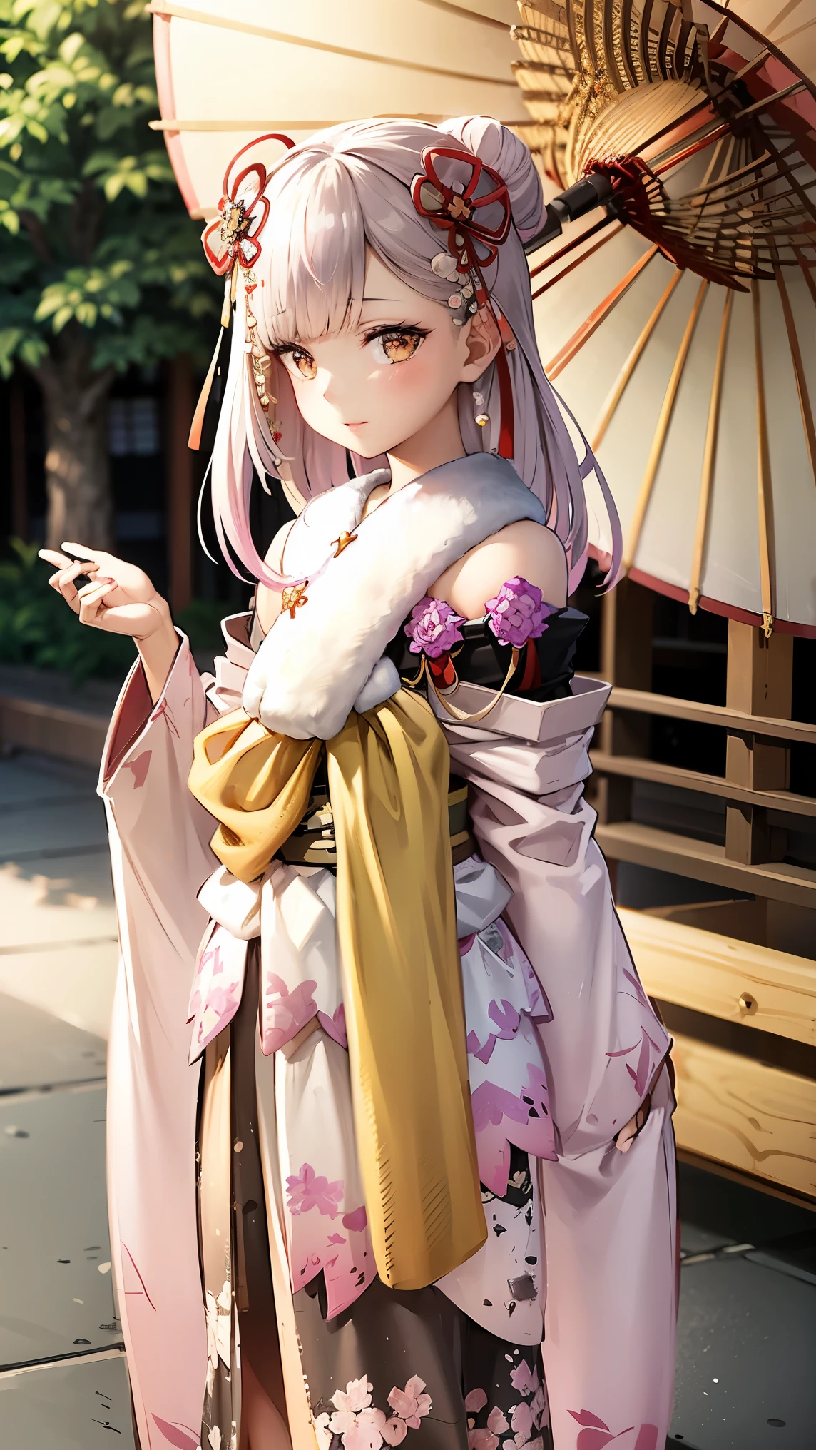 ((best quality)), ((masterpiece)), (detailed), perfect face, (best quality), (detailed skin:1.3), (intricate details), A young Japanese girl wearing a beautiful traditional furisode kimono, adorned with vibrant floral patterns in shades of red, pink, and gold, walking gracefully through a serene Shinto shrine. She has a radiant smile and carries a small omamori charm in her hand. Her hair is elegantly styled with traditional kanzashi hair ornaments, and the sunlight filters through the torii gates, casting soft shadows. The setting includes a pathway lined with stone lanterns and trees, some of which are dusted with a light layer of snow, adding a seasonal touch to the tranquil scene. A sense of joy and tradition fills the air, reflecting the festive atmosphere of a New Year’s Day visit.