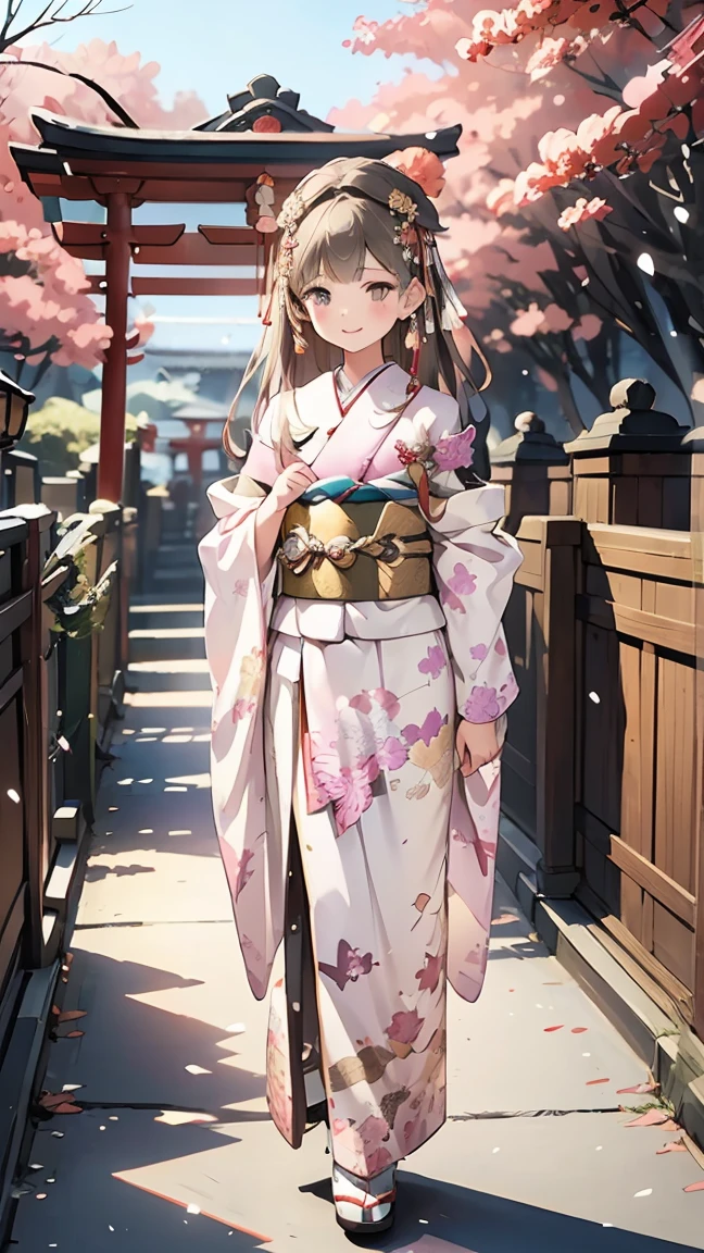 ((best quality)), ((masterpiece)), (detailed), perfect face, (best quality), (detailed skin:1.3), (intricate details), A young Japanese girl wearing a beautiful traditional furisode kimono, adorned with vibrant floral patterns in shades of red, pink, and gold, walking gracefully through a serene Shinto shrine. She has a radiant smile and carries a small omamori charm in her hand. Her hair is elegantly styled with traditional kanzashi hair ornaments, and the sunlight filters through the torii gates, casting soft shadows. The setting includes a pathway lined with stone lanterns and trees, some of which are dusted with a light layer of snow, adding a seasonal touch to the tranquil scene. A sense of joy and tradition fills the air, reflecting the festive atmosphere of a New Year’s Day visit.