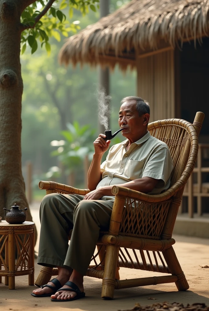 3D naturalistic photo, a hut in the middle of a plantation ,an Indonesian grandfather ,While smoking , with face and gaze forward ,reminiscing about the past full of memories