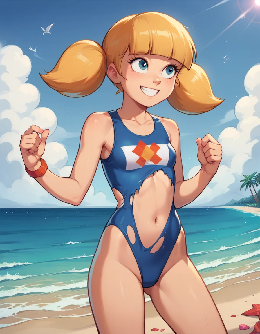 score_9, score_8, score_8_up, score_7_up, sgstyle , BREAK,  1girl, naked, One, female focus,  1girl, Penny_, BREAK,  Penny,  blond hair , twintails, blunt bangs, One, beach, ocean, sky,  Sunny, (Torn swimsuit), (navel, smile),  masterpiece fails,  top quality ,