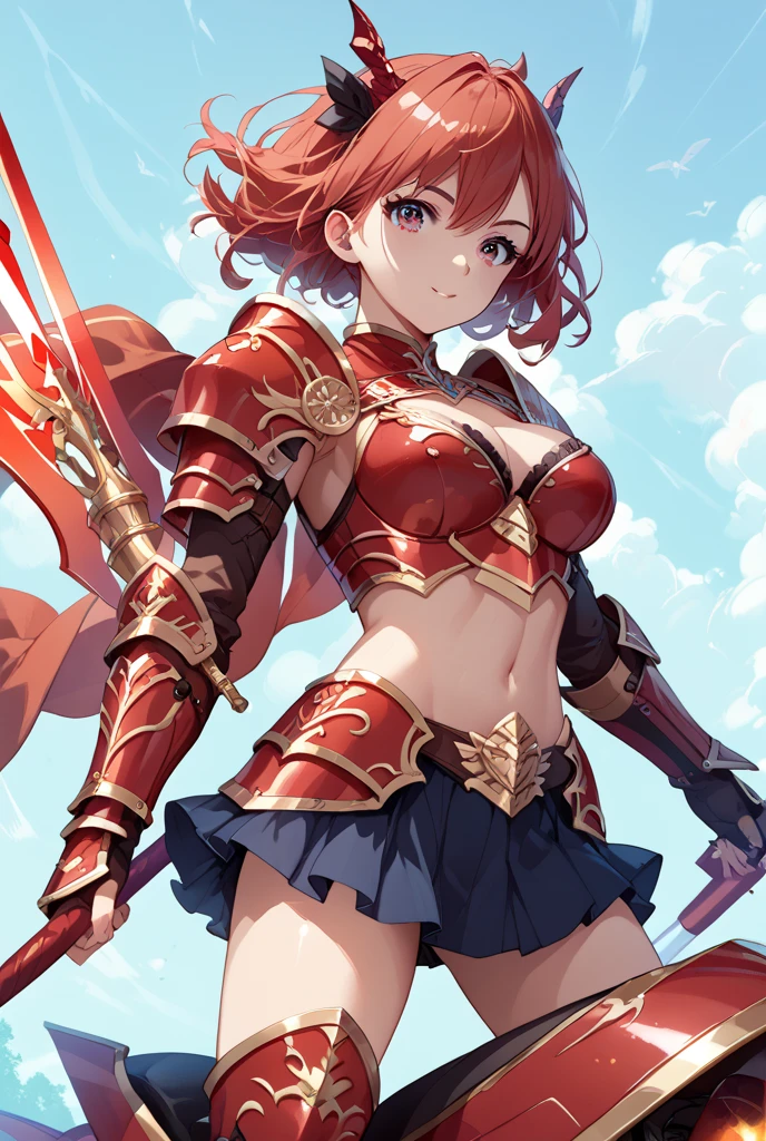 score_9,score_8_up,score_7_up,rating_safe,(full_body),1girl,breasts,source_anime,large_red_lance,dark_red_armor,mini_skirt,ride_a_dragon,red_medium_hair,flying,low_angle,