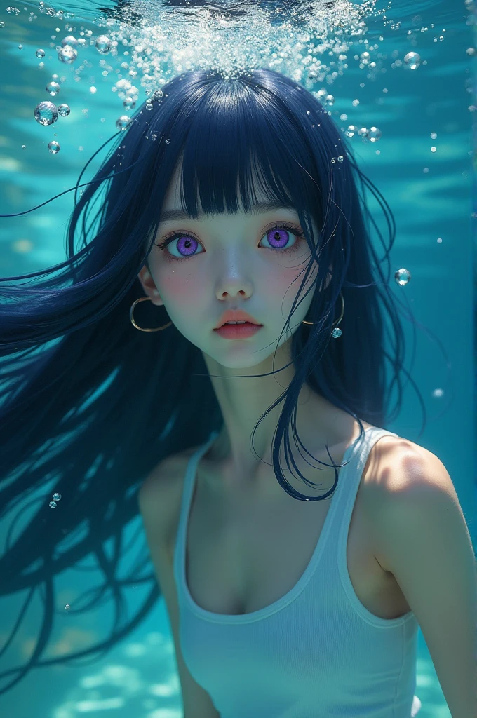 masterpiece, photo realistic, face portrait of 1girl, swimming underwater, white top, bare shoulders, beautiful girl face, natural detailed hair movement underwater, air bubbles, vibrant, realistic, dramatic, sharp focus, 8k, Blunt Bangs, purple eyes,long dark blue hair