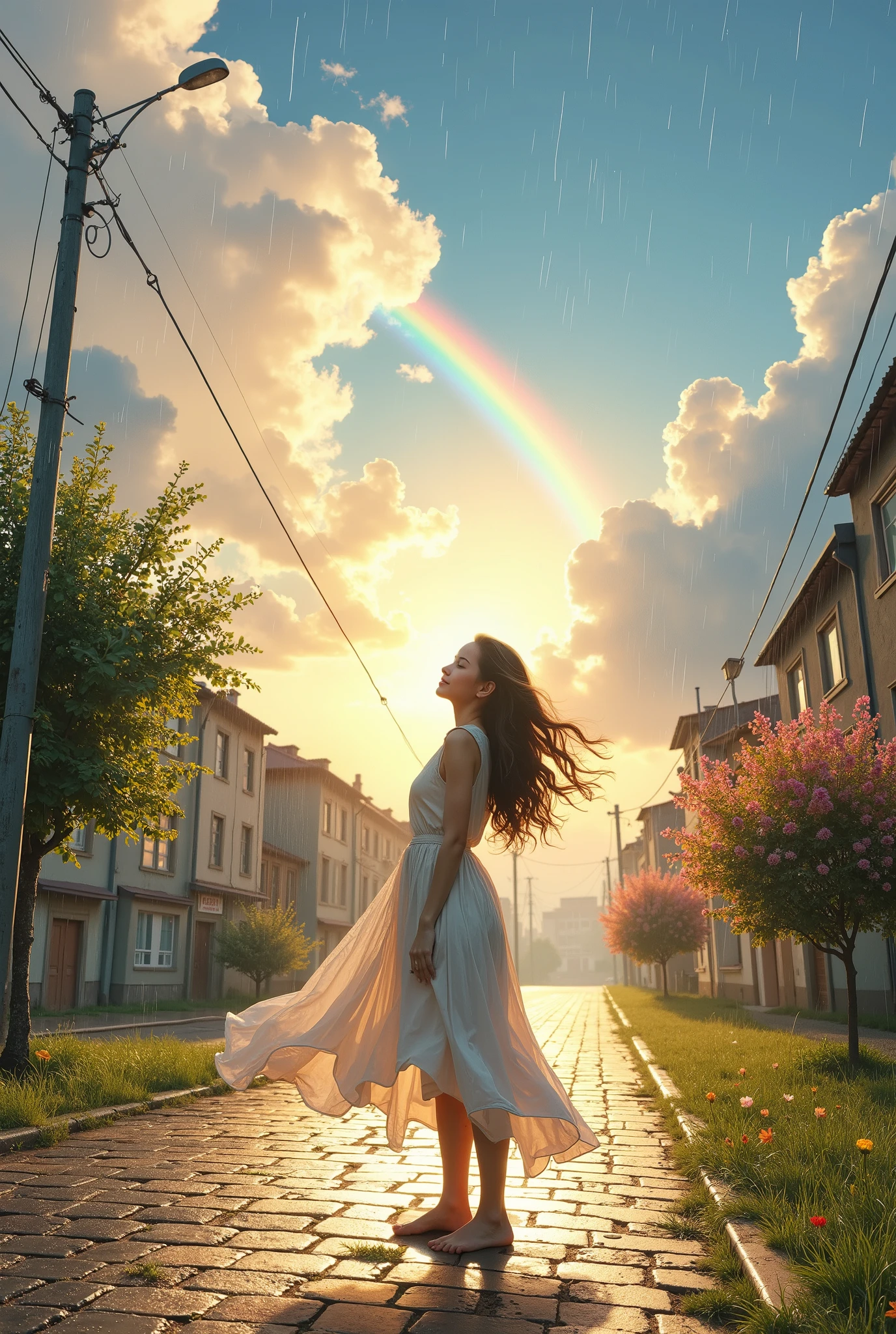 sunlit street after rain, (a young woman standing in the middle of the road:1.5), wearing a flowing white dress, her face glowing with hope, (she looks up to the sky with a serene smile), (a vibrant rainbow arcs across the clear blue sky:1.2), wet cobblestones reflecting the morning light, (dew-covered grass lining the road), distant buildings glistening with rainwater, (warm sunlight piercing through the last remnants of storm clouds:1.3), (gentle wind ruffling her hair), (emotion of courage and renewal:1.4), highly detailed textures, realistic lighting, cinematic composition, golden ratio, photorealistic, 8k resolution, masterpiece, ultra-high-quality,trk