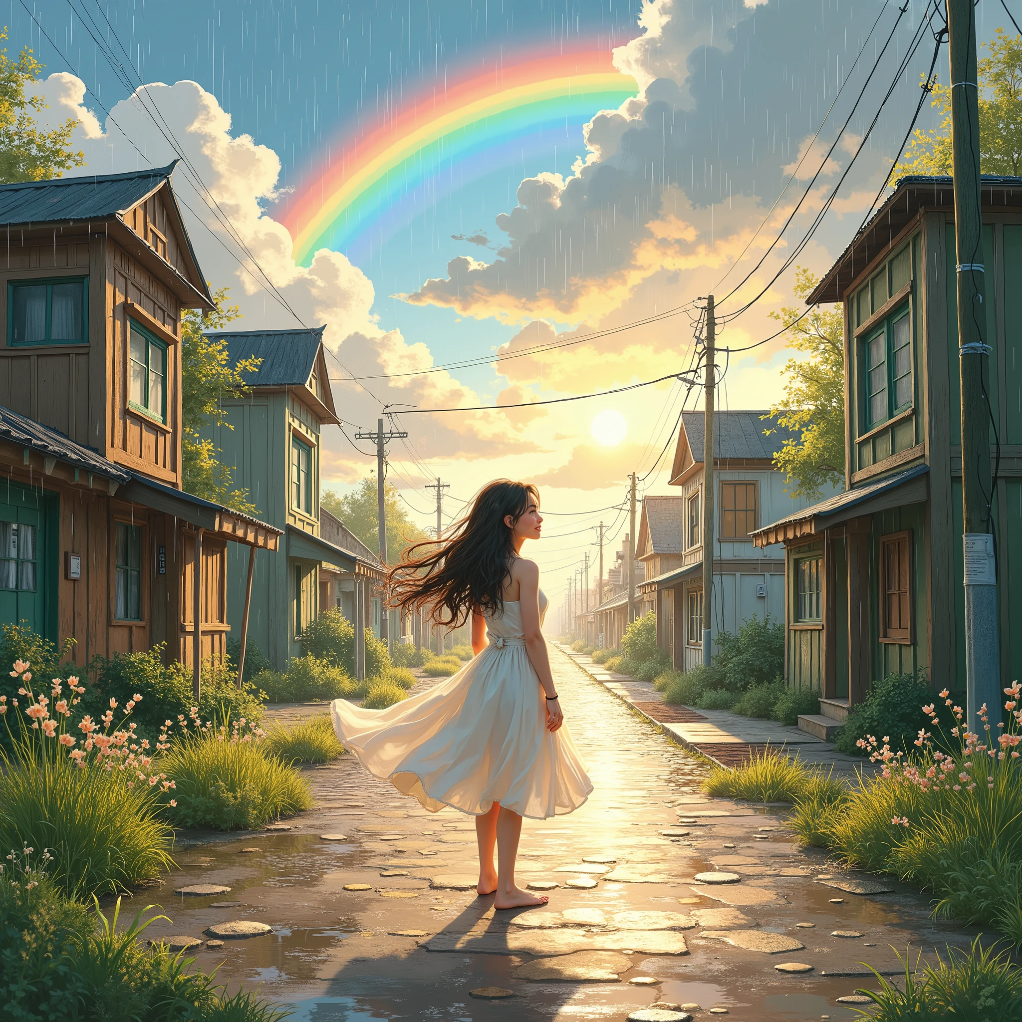 A sunlit street glows after the rain, where a young woman stands at its center wearing a flowing white dress. Her serene smile reflects the hope in her heart as she gazes up at the vibrant rainbow spanning the clear blue sky. The wet cobblestones shimmer under the morning light, and dew-covered grass lines the road. Distant buildings glisten with rainwater, while warm sunlight filters through the last wisps of storm clouds, casting a gentle glow. Her hair sways in the soft breeze, embodying a sense of courage and renewal. The scene captures every detail with realistic textures, cinematic lighting, and a harmonious composition, presented in stunning 8k resolution for an ultra-high-quality masterpiece.trk