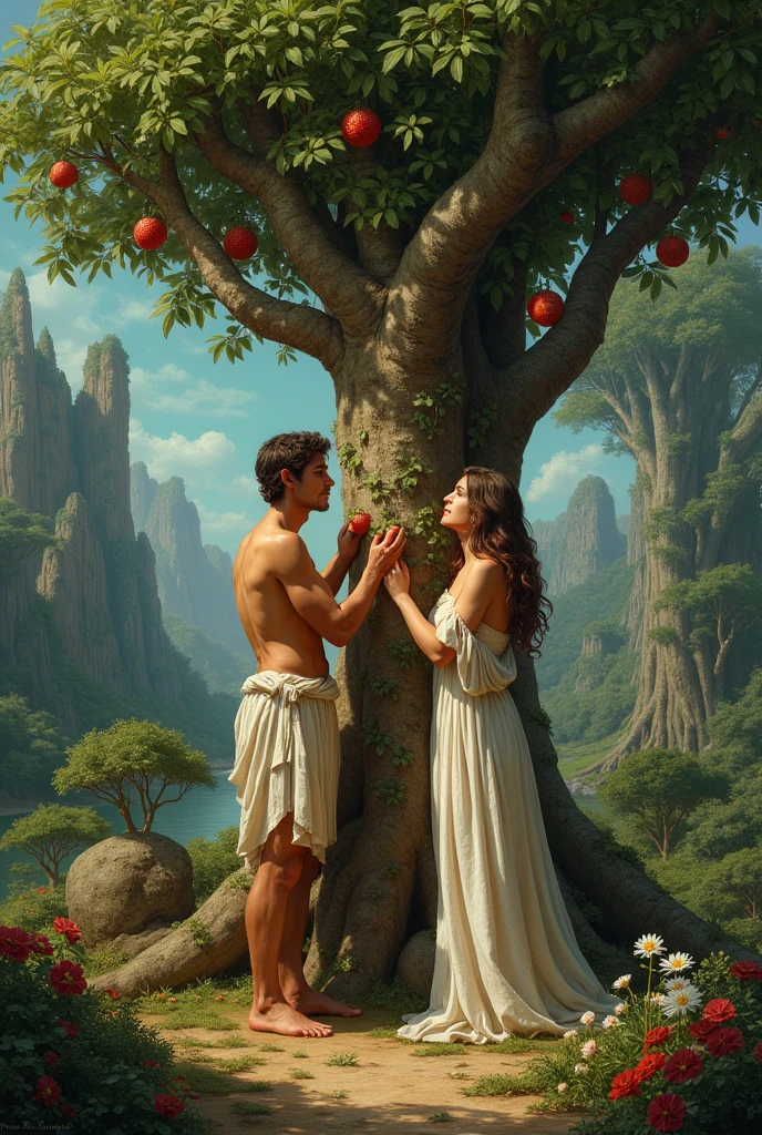 fullbody, painted of full body of many peoples, foot on ground, a standing greek handsome man give an apple to a naked woman with flower, a woman with shield, a woman stand front of a Peacock, masculine, mature, muscular, hairy torso, fantasy, intricate, elegant, highly detailed, digital painting, artstation, concept art, smooth, sharp focus, illustration, art by gaston bussiere and alphonse mucha, looking each other.