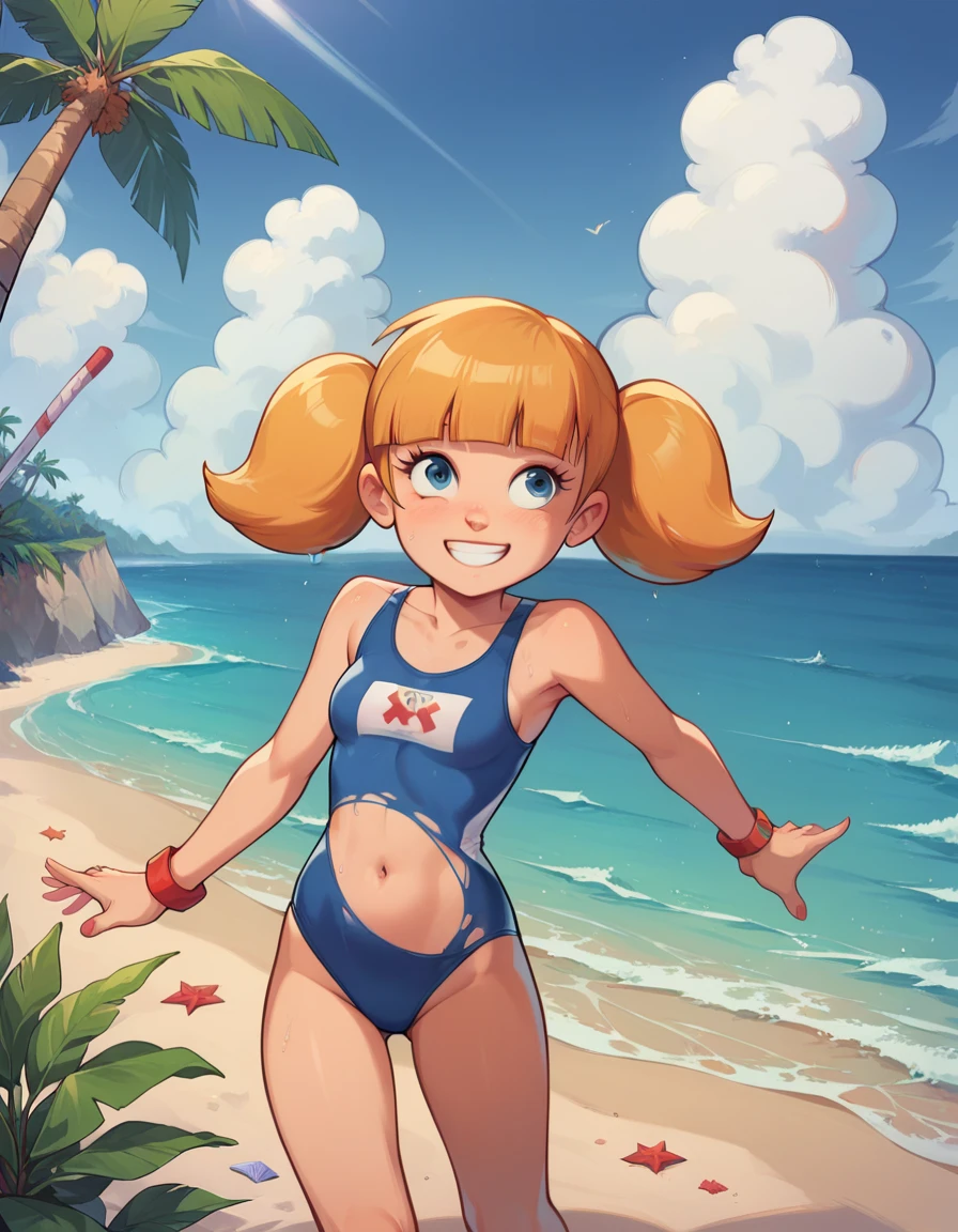 solo, 1girl, penny, blonde hair, twintails, blunt bangs, solo, beach, ocean, sky, sunny, (swimsuit), smile, masterpiece, best quality, bottomless, innie pussy, pussy juice, pubic hair