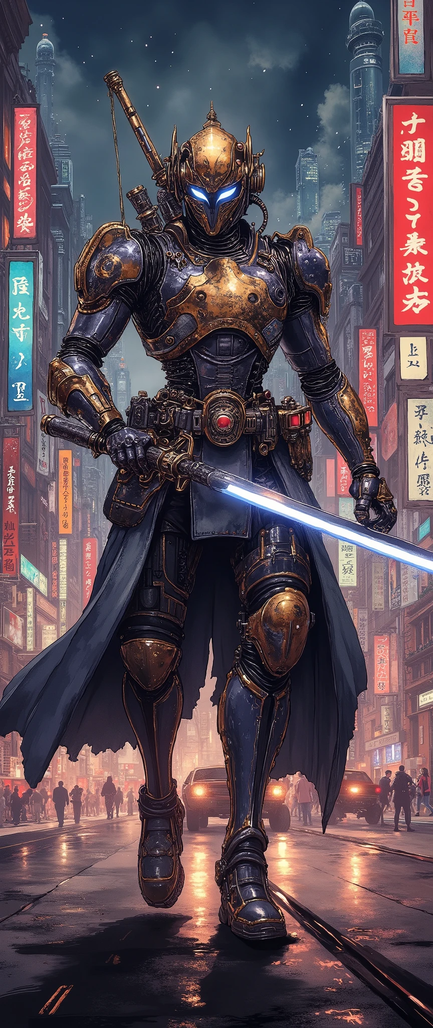 (masterpiece:1.2,EXCEPTIONAL QUALITY ,Mirror finish, Cinematic Experience, best illustration ),8k,16k,(wallpaper),(robot gladiator),( a swordsman robot equipped with armor like samurai armor:2.0),(Karakuri Samurai Robot :2.0) ( cool robot samurai :2.0),( the face of a machine in the shape of a demon ), complex fluid , Concept work, ( Artwork:2.0,  Ukiyo-e , lightsaber,( dynamic poses in a crowded store),( hold a sword:2.0),( The background is Edo 2 from the future .0),(Night tour :2.0),( retro future of advanced vehicles),(Steampunk worldview )