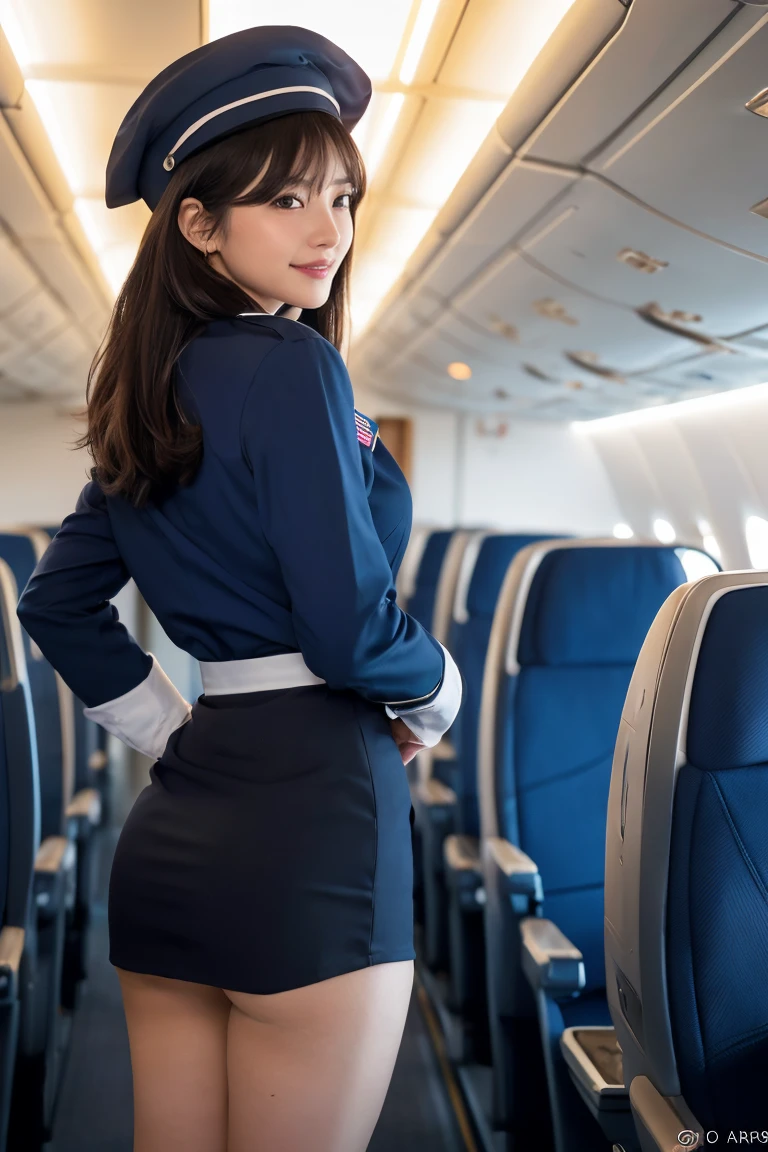 ((top quality, 8k, masterpiece: 1.3)), pretty woman with perfect figure: 1.4, (big breasts: 1.2), highly detailed face and skin texture, detailed eyes, stewardess uniform, (posing in the interior of the plane: 1.2), 1girl, cinematic, full body, goddess of Japan, short hair, smile, passenger, interior of the plane