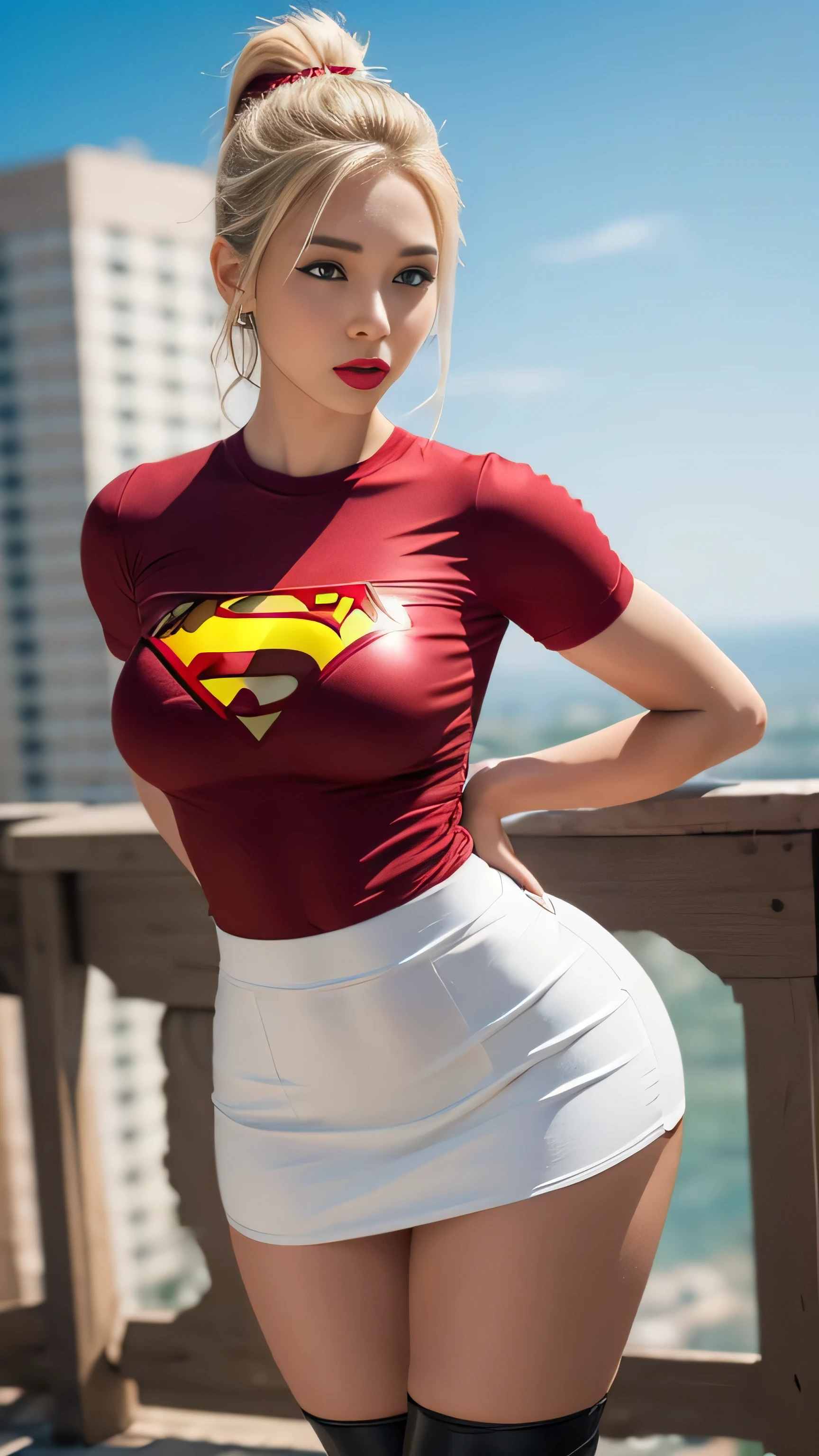 4k, realist, charismatic, Very detailed, there is a girl in heaven, Dress up in a super girl costume, she is a super girl, superhero theme, extra long blonde hair with bangs, 18 years, Whole body, (detail in the eyes), (detail on the face), incredibly pretty, blue eyes, blush, make up, Red lipstick, mini skirt, (Wide hips),  (thick thighs), small breasts, dress,, seductive pose, (Extreme Hourglass Figure), delgado, slender, White skirt, Boots, fitted t-shirt