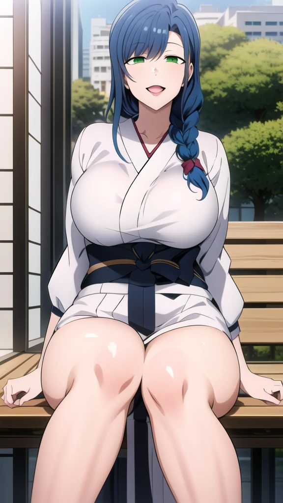 masterpiece, best quality, highly quality ,large breast, scrundhie , BLUE_hair, long_hair, braid ,parted_lips, cowboy shot, GREEN_eyes, white kimono , park background , (;D:1.2) , sitting , bench , tree , looking at viewer, (masterpiece: 1.0), (best_quality: 1.0), ultra high resolution, 4K, ultra detailed, photography, 8K, HDR, highres, absurders:1.2, Kodak portra 400, film grain, blurred background, bokeh:1.2, l (vibrant_color:1.2) (Beautiful), (narrow_waist), anime style, sharp focus, professional artwork,trending on pixiv, detailed bold arm lines, high color saturation, bold lines, bold drawing lines), open mouth, (white skin, (fair skin), spred wide legs open

