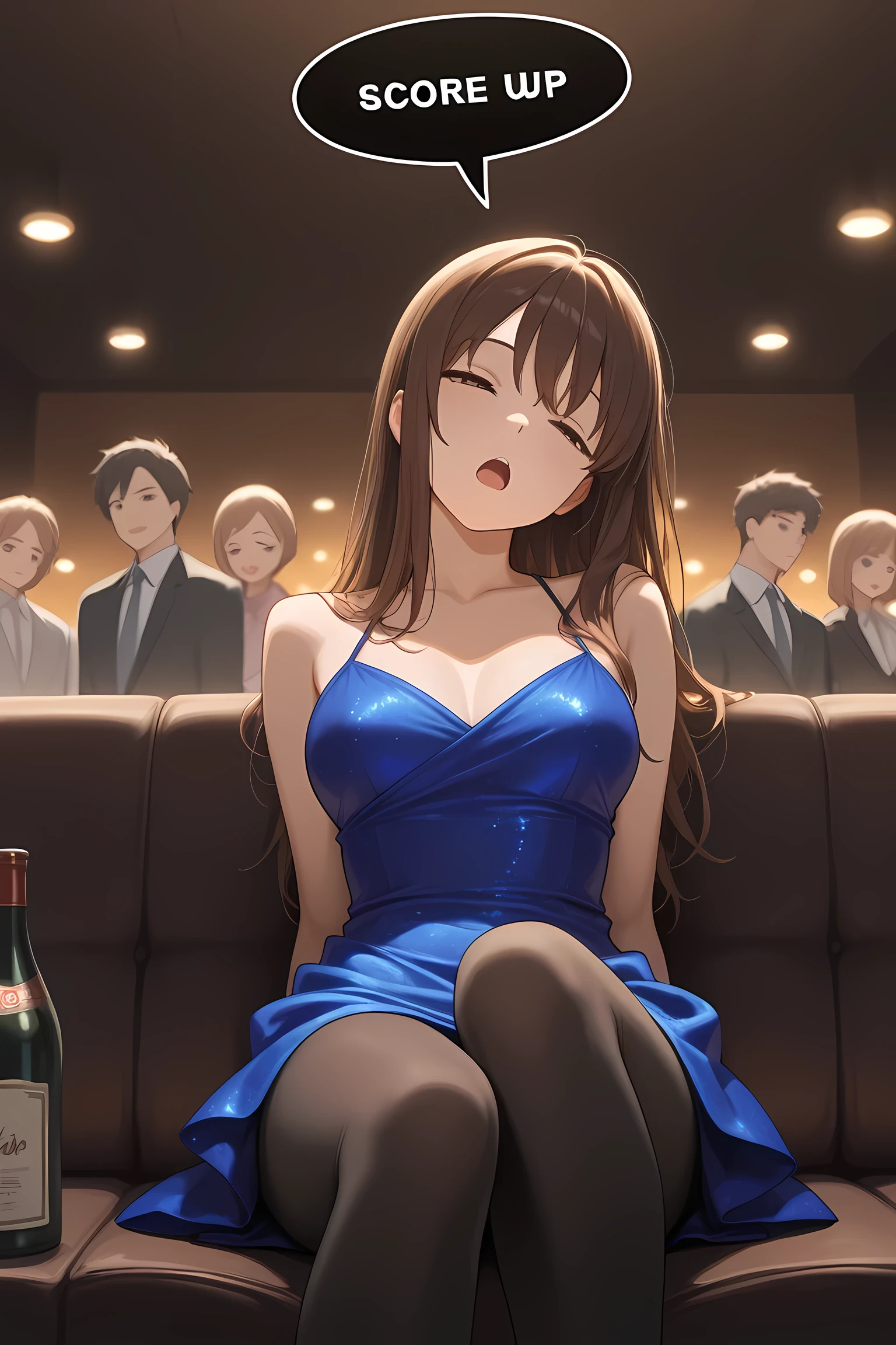 masterpiece, best quality,1girl,{sleepy:2.0}, black tights, open mouth, party dress, {eyes open:2.0}, club, official art, brown hair, long hair, sitting, bored, head tilt, detailed eyes, speech bubble saying "I'm falling asleep...", eyelids downward