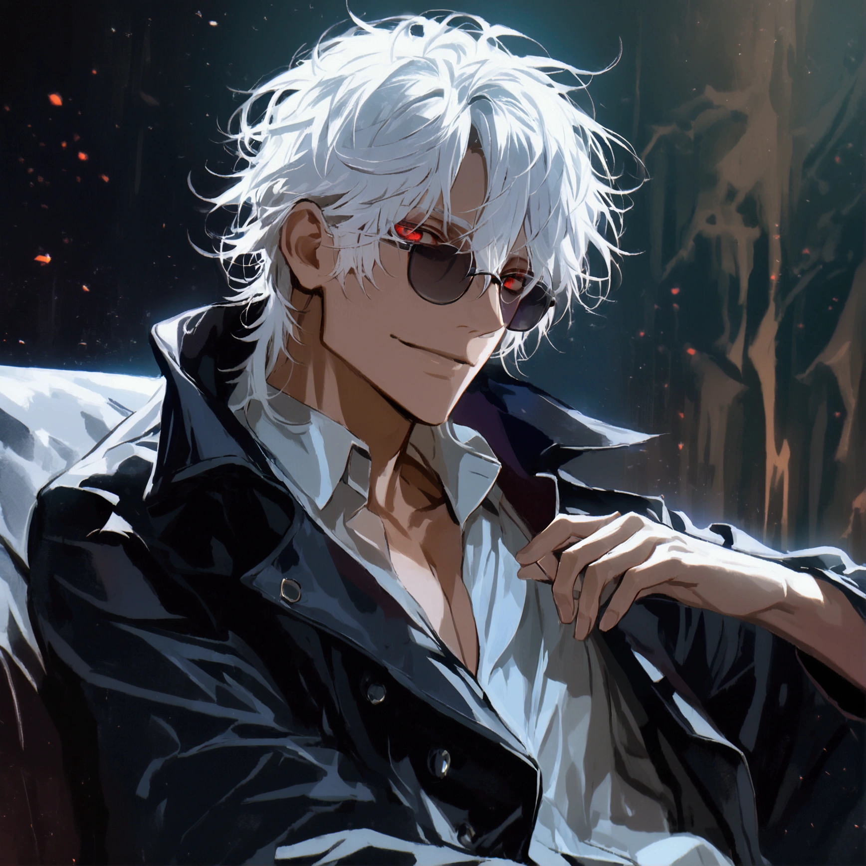 (solo), (1 male), (1 man), handsome men, (one man with White hair, red eyes), long hair, messy hair, sunglasses,((masterpiece)), (dark background: 1.3), (stylish), a long black coat ,dynamic angle, (detailed face, detailed eyes, proportional hands, proportional anatomy), sitting in a relaxed pose, sinister atmosphere, a nihilistic smile