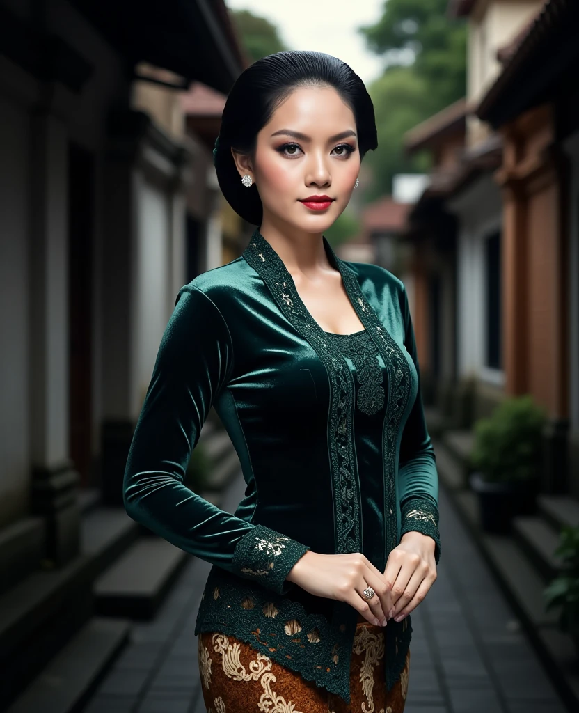 a beautiful young beautiful woman.elegantly in a traditional Javanese village setting. She is wearing an intricate dark glossy satin kebaya with lace embroidery patterns along the front and sleeves, paired with a traditional brown and cream batik thigh skirt with complex floral and geometric designs. Her hair is styled in a neat and polished low bun with a center part, and she has a calm, confident expression with makeup featuring bold red lips and perfectly defined eyebrows. She is wearing elegant silver or pearl earrings. The background consists of a narrow  and soft natural lighting, creating a serene and cultural atmosphere. The overall image has realistic detailing, soft shadows, and vibrant color contrast.