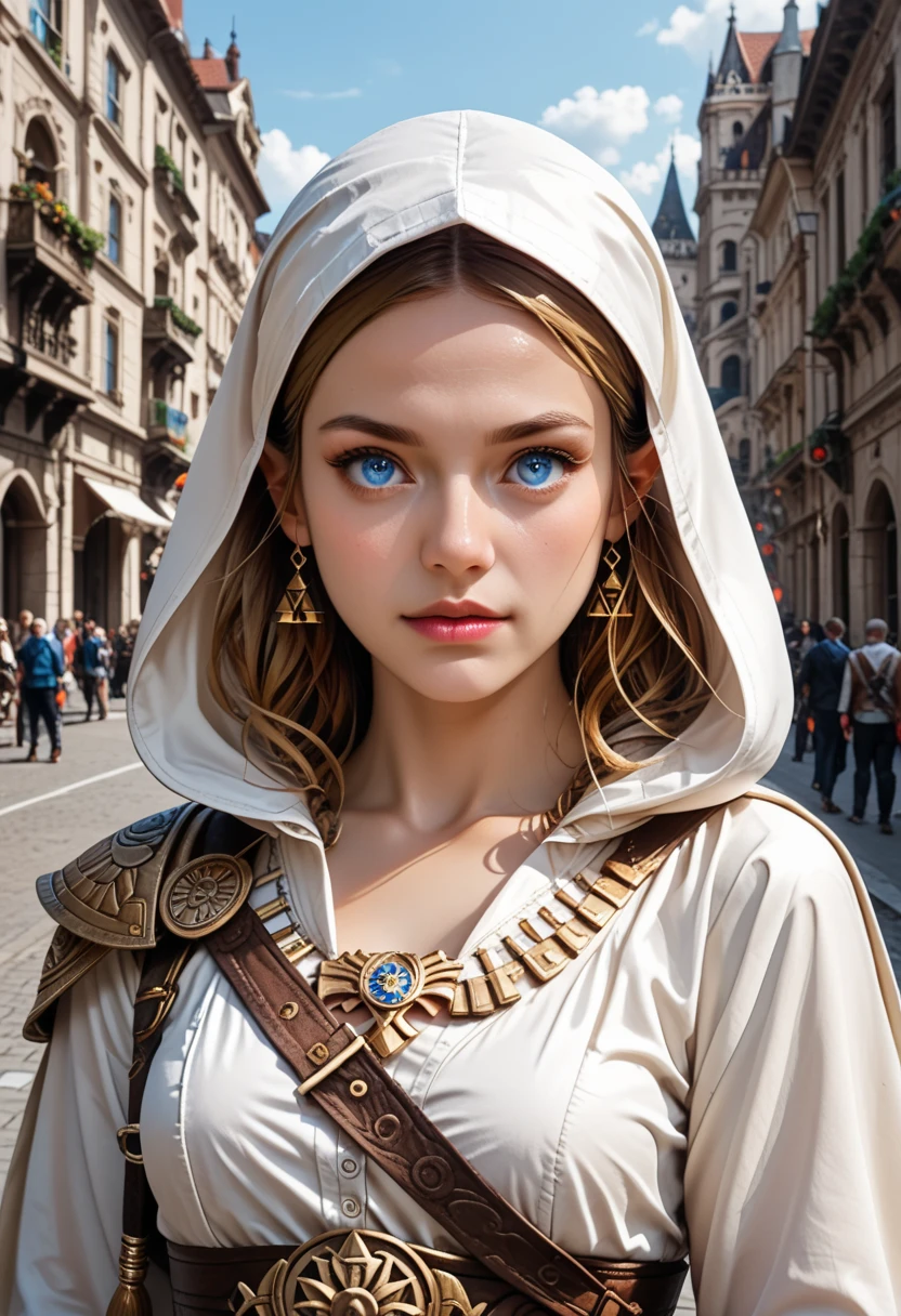 A full-body shot of Princess Zelda, brown hair, blue eyes, dressed as an Assassin from Assassins Creed, in white+gold witha white mask and hood with gold details, XL bust, using a wrist blade. Background: A city during the renaissance period. Unreal Engine 5, Anime, Anime style, Masterpiece, Well drawn eyes, well drawn face, well detailed eyes, well detailed face, 8k, light and shadow effect.